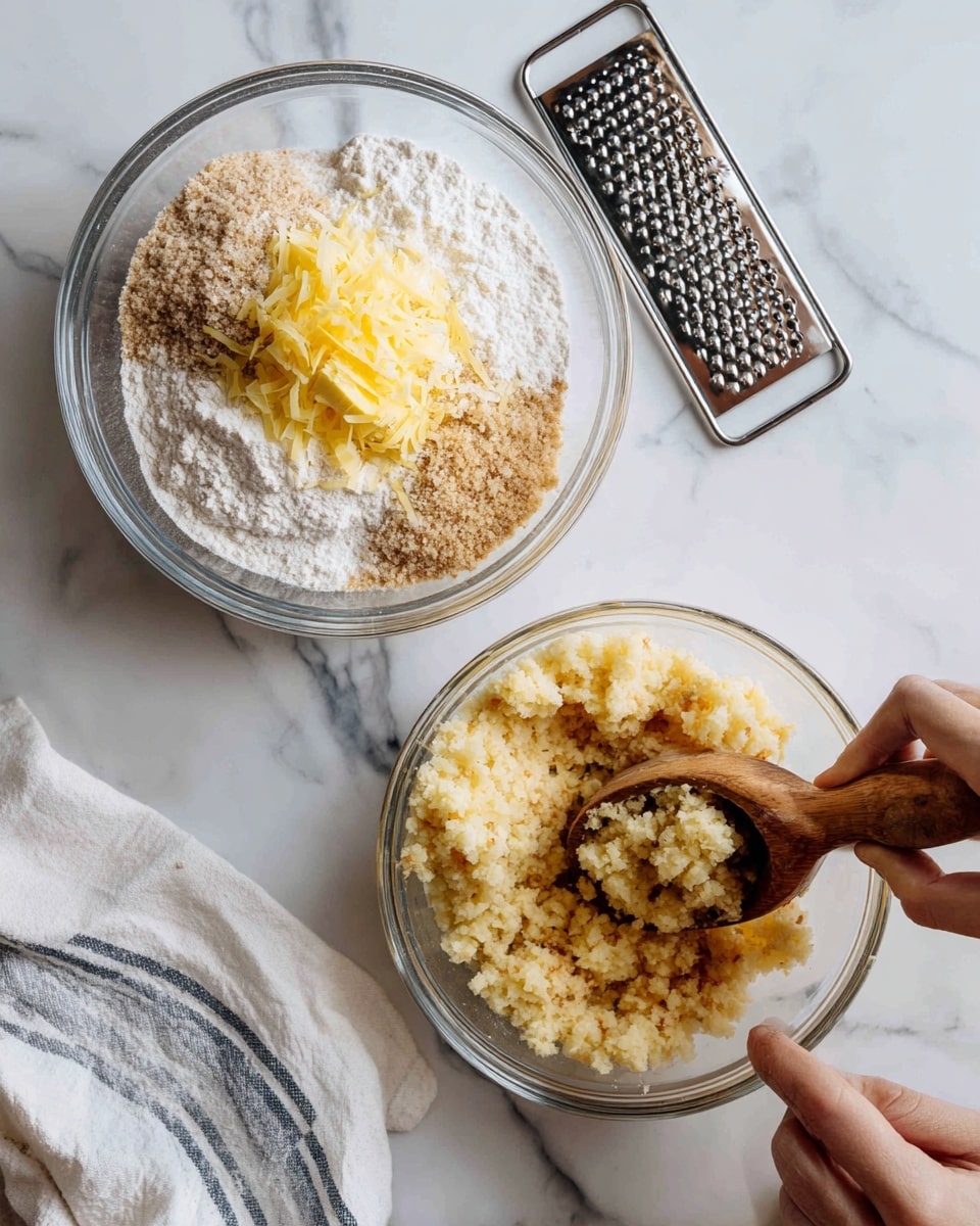 The image shows two glass bowls on a white marbled surface with a white and gray striped cloth at the bottom left. In the left bowl, there are layers of white flour, light brown sugar, and a pile of shredded yellow butter on top, with a metal grater placed above the bowl. The right bowl contains a crumbly, pale yellow mix that looks like it is being stirred with a wooden measuring scoop held by a woman's hand, capturing the dry and grainy texture of the mixture. Photo taken with an iphone --ar 4:5 --v 7