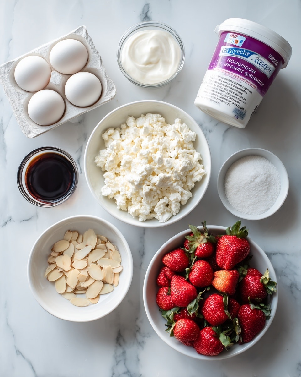 The image shows several white bowls and a container on a white marbled surface, each holding different ingredients. In the center, there is a white bowl filled with crumbly white cheese. Below it is another white bowl full of fresh red strawberries with green tops. To the left, a small white bowl holds light almond slices, and above it, a clear glass container holds a small amount of dark liquid, likely vanilla extract. On the top left, there is an egg tray with three white eggs. At the top right is a large container of Greek yoghurt with a purple label. To the right of the cheese bowl, there are two small white bowls, one with a white powder and the other with white granulated sugar. The setup is clean, minimal, and brightly lit, making each ingredient clearly visible. Photo taken with an iphone --ar 4:5 --v 7