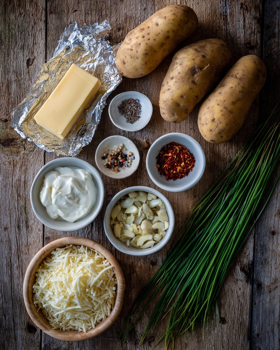 The image shows cooking ingredients arranged on a rustic wooden surface, including two large tan potatoes with rough skin placed near the center. Near the potatoes, there is a bar of pale yellow butter in silver foil. Several small white bowls hold different items: one contains a mix of white salt and black pepper, another has red and light brown spices, a third is filled with chopped garlic, and the last has clear liquid. In the lower left corner, a small white bowl holds thick white sour cream, and next to it, shredded white cheese is in a light wooden bowl, with some cheese scattered nearby. Several fresh green chives lie on the right side, adding a touch of bright color. The texture and color details of each ingredient stand out against the wooden backdrop photo taken with an iphone --ar 4:5 --v 7