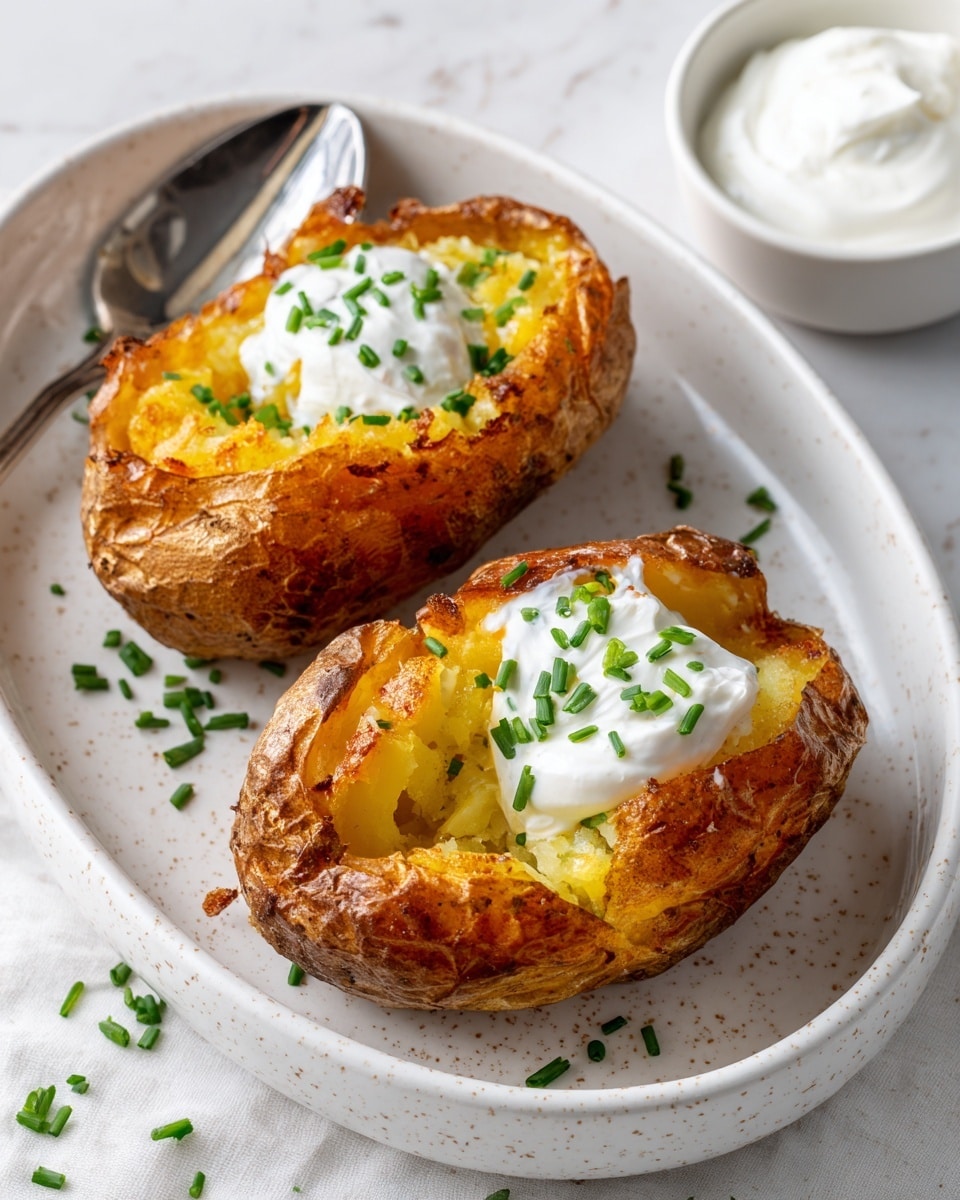 The image shows two baked potato halves on a white speckled oval plate with a white marbled surface underneath. Each potato half has a crispy brown skin crust with a slightly rough texture, filled with soft, pale yellow potato inside. On top of the potato filling is a dollop of smooth white sour cream, and the potatoes are garnished with small green chives scattered evenly across the surface and around the plate. A shiny spoon is placed on the plate’s edge and a small white bowl with more sour cream is visible in the upper right corner. photo taken with an iphone --ar 4:5 --v 7