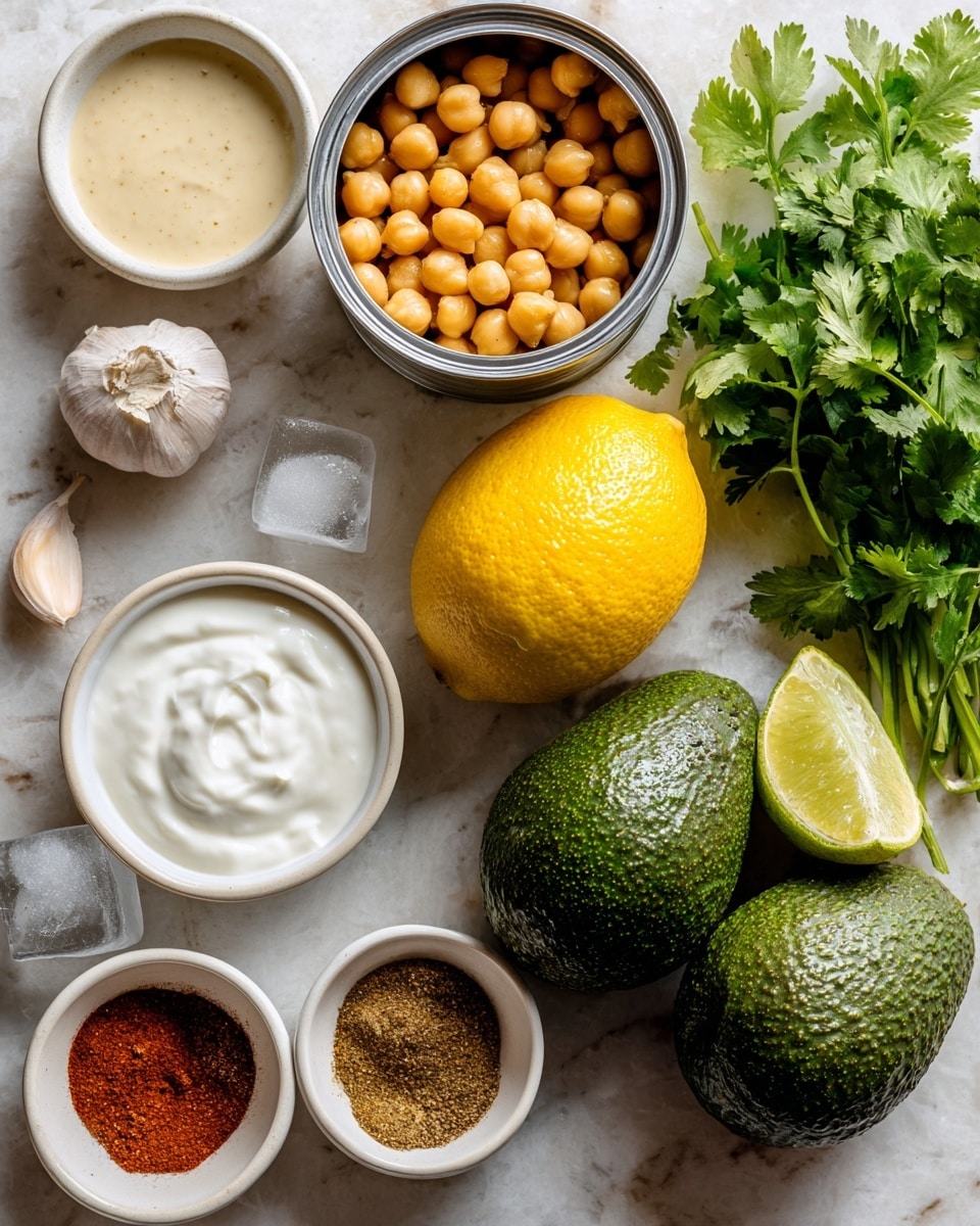 The image shows fresh ingredients arranged on a white marbled surface: two dark green avocados with rough skin placed side by side in the center right, a whole bright yellow lemon below a tilted can of cooked chickpeas on the left, two garlic cloves above the avocados, and bright green cilantro leaves scattered on the right side. Small white bowls contain ingredients around the main items: a bowl with light beige tahini sauce at the top left, a bowl with white creamy yogurt top right, a bowl with three spices – a brown powder, a red powder, and white salt – bottom left, and another bowl with clear ice cubes bottom center. The colors vary from dark green, yellow, white, to shades of brown and red. photo taken with an iphone --ar 4:5 --v 7