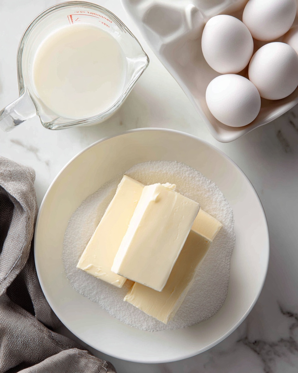 A large white bowl sits on a white marbled surface, filled with three thick rectangular blocks of pale cream butter sitting on top of a layer of white granulated sugar. Above and to the left of this bowl is a clear glass measuring cup filled almost to the top with cream, and above and slightly right is a white container holding eight white eggs. At the bottom left corner, a crumpled gray cloth partially enters the frame. The scene is bright and clean, emphasizing the creamy textures and soft whites of the ingredients photo taken with an iphone --ar 4:5 --v 7