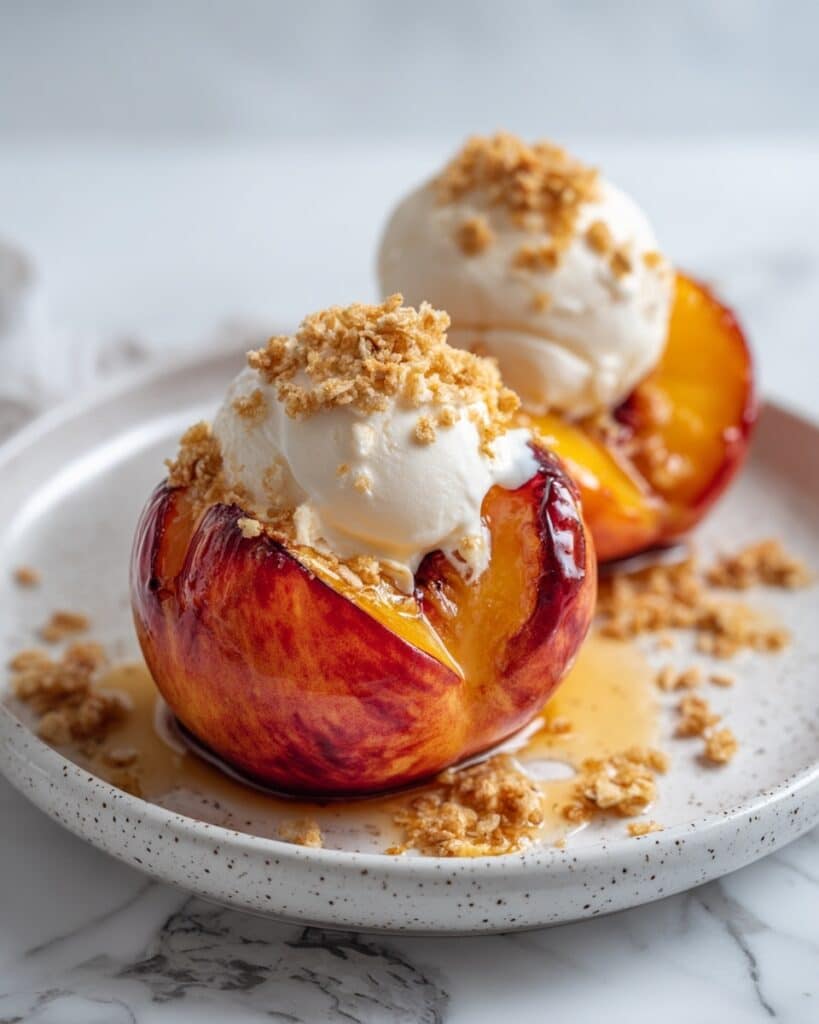 Air Fryer Cinnamon Caramelized Peaches with Vanilla Ice Cream Recipe