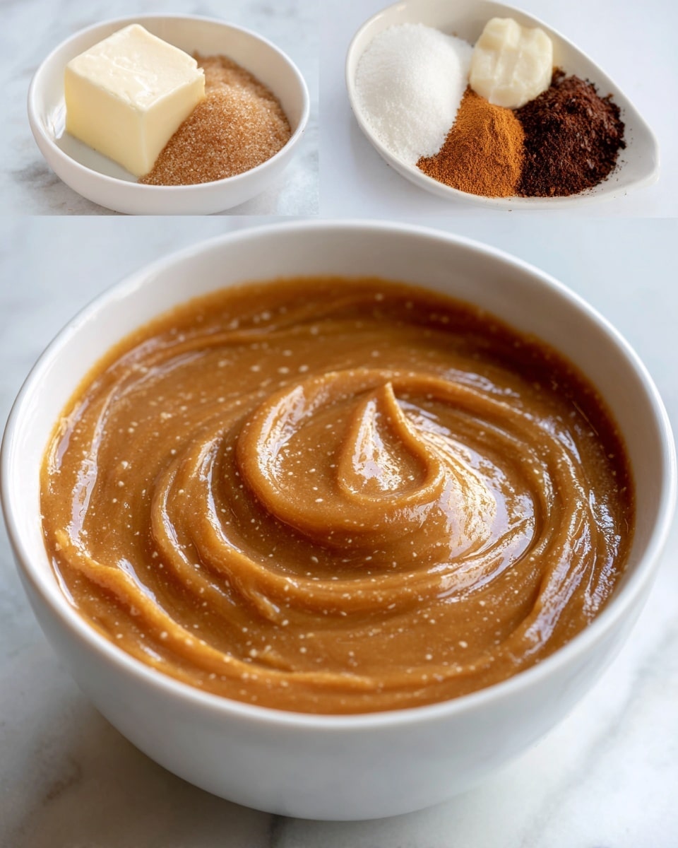 The image shows a close-up of a creamy, smooth brown mixture with a thick texture, swirled in a white bowl. The mixture has a slightly grainy appearance with small visible specks throughout. In the top left corner, there is a smaller image inset showing the ingredients before mixing, including light brown sugar, a white block of softened butter, dark syrup, and a sprinkle of cinnamon, all placed together inside another white bowl on a white marbled surface. The main image highlights the well-blended, uniform light brown spread with a soft, creamy consistency. Photo taken with an iphone --ar 4:5 --v 7