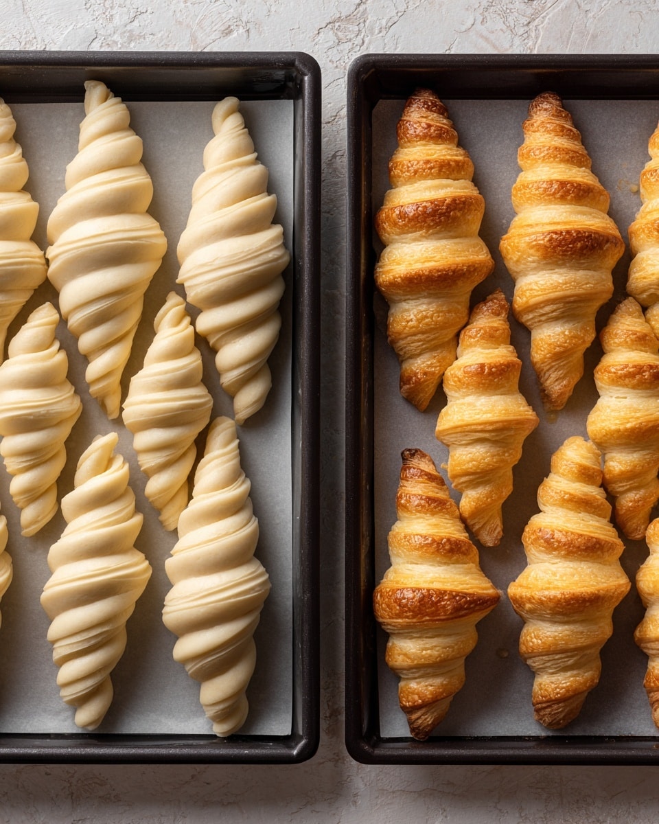 The image shows two side-by-side views of pastry cones on a baking tray with a white marbled surface beneath. On the left, there are raw dough cones wrapped around metal cone molds, arranged neatly on a tray lined with parchment paper; the dough is pale and smooth with visible spiraled layers. On the right, the cones are fully baked to a golden brown color with crispy, layered textures, showing slight puffiness and a shiny surface. The trays are black and the background has the same white marbled texture. photo taken with an iphone --ar 4:5 --v 7