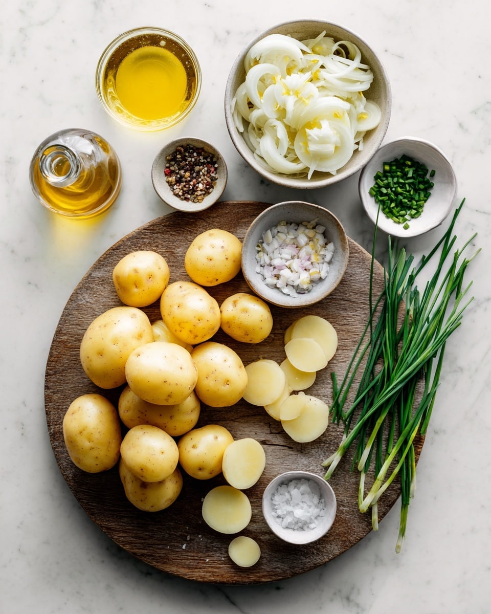 A wooden cutting board placed on a white marbled surface holds a pile of thinly sliced yellow potatoes, scattered loosely across the board, with some overlapping and others lying flat. To the right side of the board, a metal knife with a simple handle rests partially under some potato slices. The board shows natural wood grain patterns with light and dark brown tones. Photo taken with an iphone --ar 4:5 --v 7