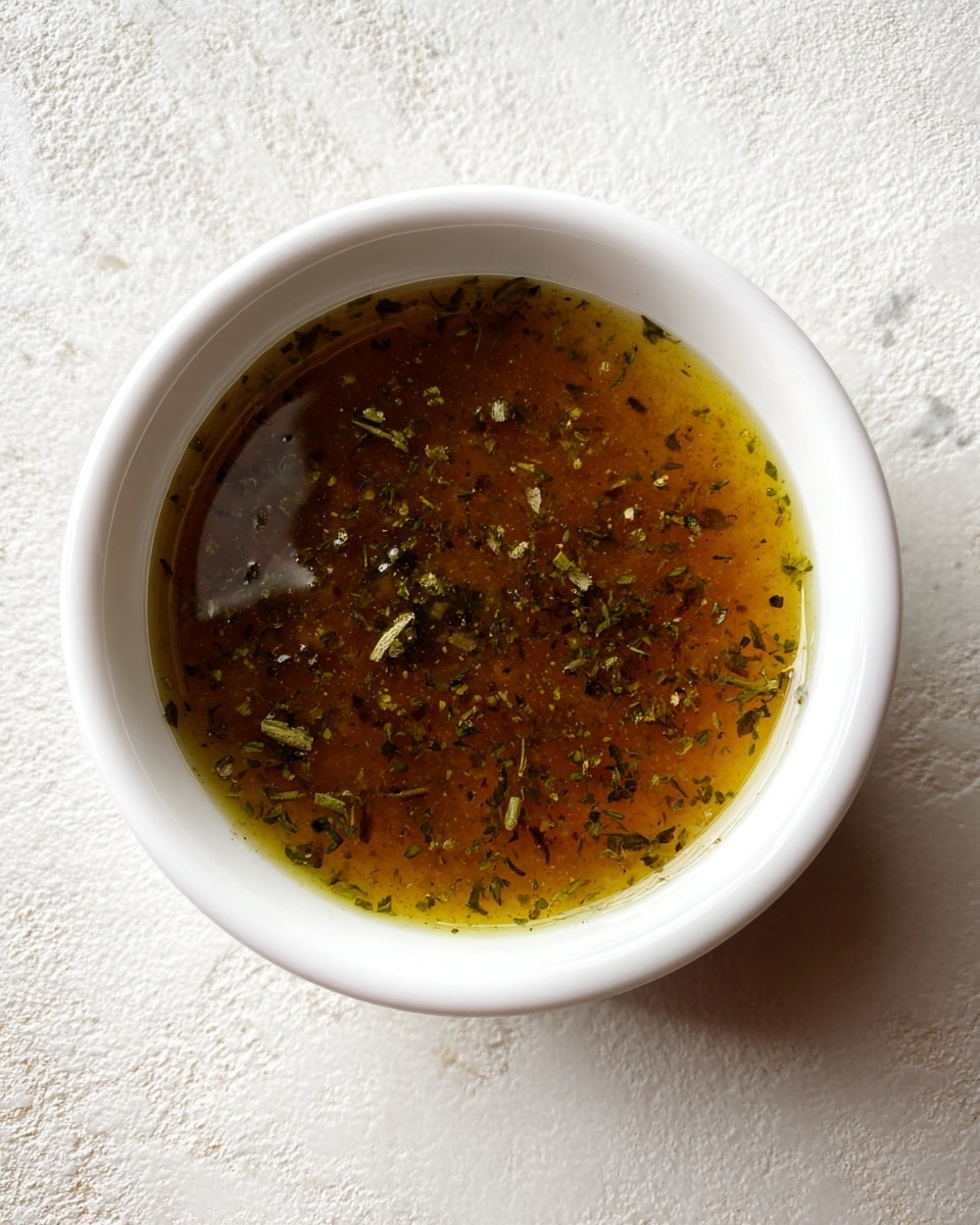 A white bowl filled with a clear, greenish-brown liquid sauce that has specks of small dried herbs scattered throughout. The sauce's surface is smooth and glossy, showing a reflection of light that creates a darker patch on one side. The bowl is placed on a white marbled textured surface. photo taken with an iphone --ar 4:5 --v 7