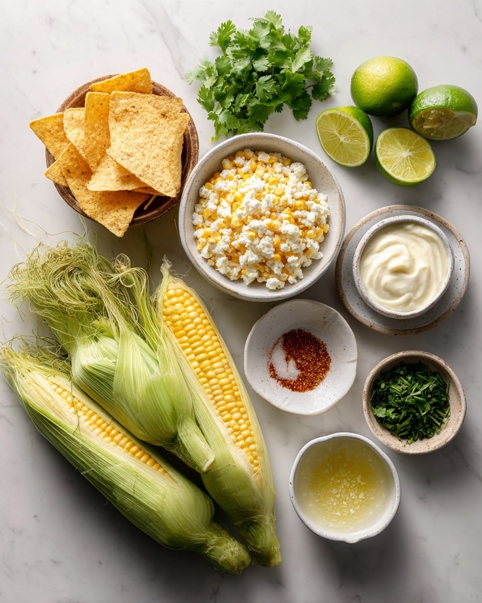 The image shows four pieces of grilled yellow corn on the cob placed side by side inside a black grill pan. The corn has visible grill marks and slight charring, giving it a textured look. Below this, there is a white bowl containing several powdered spices and herbs arranged separately in small piles, creating a colorful mix of brown, cream, green, and red shades. Both the grill pan and bowl are set on a surface with a white marbled texture. Photo taken with an iphone --ar 4:5 --v 7