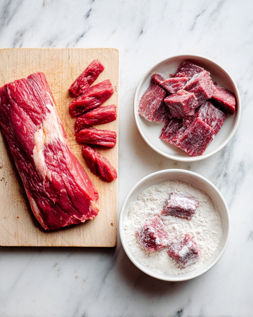 The image shows two parts side by side on a white marbled surface. On the left side, there is a large piece of raw red meat with some white fat on a light wooden board, with several smaller pieces of the meat sliced and lined up vertically to the left of the big piece. On the right side, there are two white bowls: the top bowl contains many thin raw meat strips covered in white flour, and the bottom bowl has a small amount of raw meat pieces partly coated in white flour with flour spread around. Photo taken with an iphone --ar 4:5 --v 7