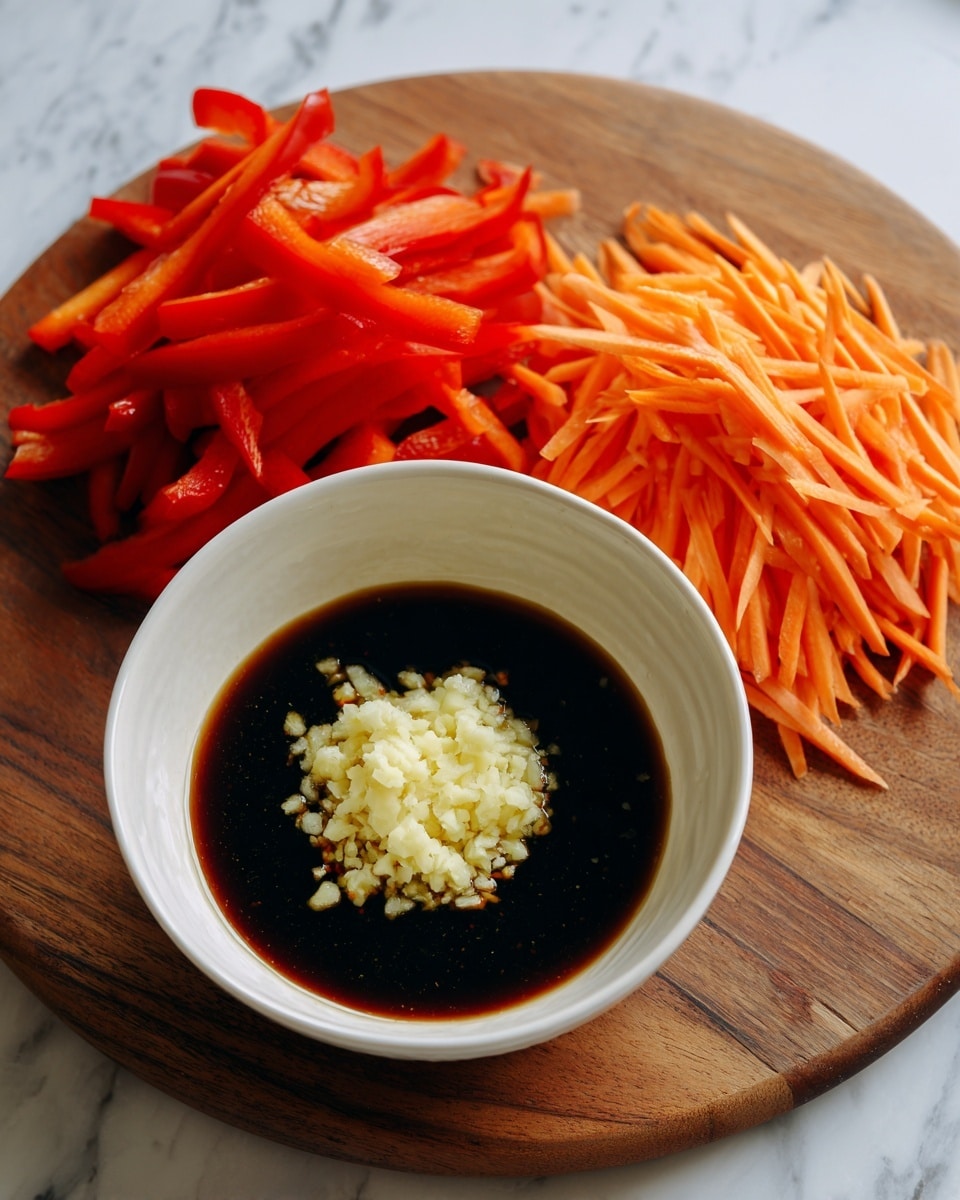 The image shows two parts: on the left is a wooden board with a pile of thinly sliced red bell peppers on top and a smaller pile of thin orange carrot sticks below them, arranged neatly in two layers; on the right is a white bowl filled with a dark brown thick sauce, with a small mound of finely chopped or minced light yellow garlic placed in the center on top of the sauce. The background is a white marbled surface. Photo taken with an iphone --ar 4:5 --v 7