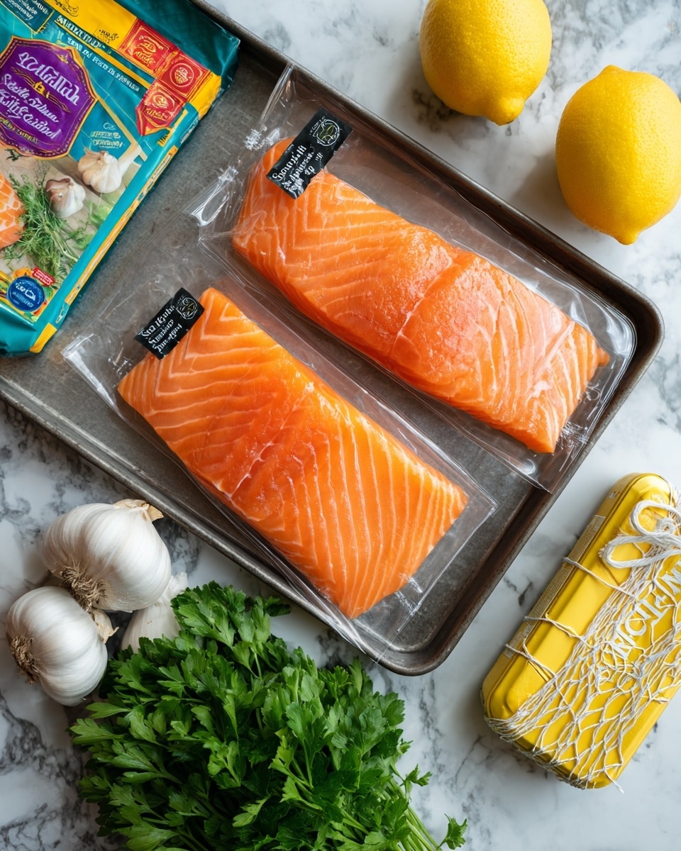 Two packs of bright orange Scottish salmon fillets with clear plastic covers and black labels, placed side by side on the top half of a metal baking tray. Below them on the left is a vibrant green bag of flat leaf parsley with a clear window showing fresh green leaves inside. Next to the parsley on the right, there is a yellow lemon, a block of British salted butter wrapped in gold foil with red and blue branding, and a netted string of white garlic bulbs with purple label. The tray is set on a white marbled surface photo taken with an iphone --ar 4:5 --v 7
