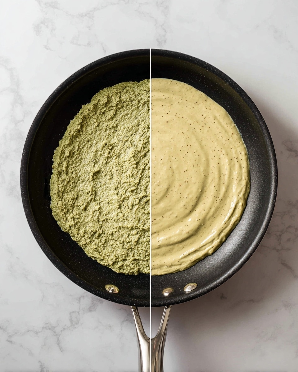Two images side by side show the cooking process in a black pan on a white marbled surface. The left image shows a rough, thick greenish paste spread unevenly, with a grainy texture. The right image shows the same pan with a smooth, creamy yellowish-green mixture spread evenly across the pan's surface, with tiny specks visible, giving it a soft, blended look. Both pans have a dark interior with a shiny surface and silver rivets on the handles. Photo taken with an iphone --ar 4:5 --v 7