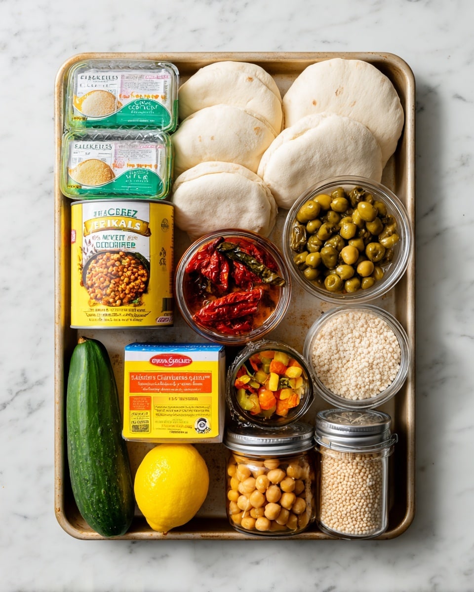 The image shows a baking tray filled with various ingredients arranged neatly on a white marbled surface. At the top are a pack of soft white pitta breads in green and white packaging. Below that, from left to right, there is a can of chickpeas with a yellow and blue label, a jar of sundried tomatoes with a red label, a jar of capers with a light green label, and a jar of chargrilled peppers with a yellow label. On the left side of the tray is a whole cucumber, next to a bright yellow lemon and a box of chicken stock with orange and yellow colors. At the bottom left, a container of Greek style natural yogurt in white and blue stands beside a bright yellow box of couscous. On the bottom right, there is a clear spice grinder bottle labeled garlic and tomato. The composition is clean and bright, showing all the ingredients clearly. photo taken with an iphone --ar 4:5 --v 7