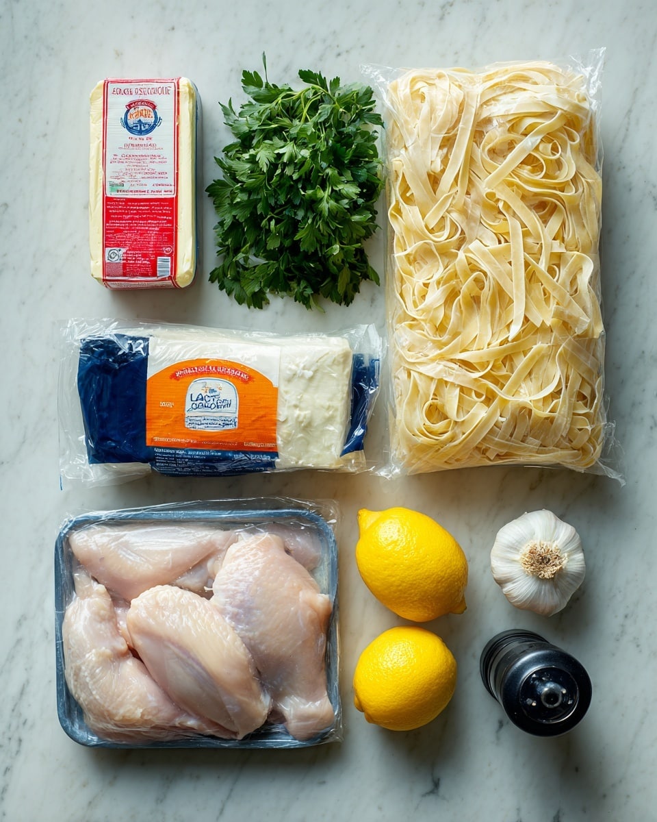 The image shows a metal tray with various raw ingredients arranged neatly on a white marbled background. From the top left to bottom right, there is a rectangular block of salted butter with red and white packaging, a clear bag of fresh green flat leaf parsley with an orange label, and a large beige and dark blue bag of tagliatelle pasta with a clear window showing the pale yellow ribbons inside. Below these items, a clear plastic pack of raw chicken thigh fillets is visible with light pink flesh and some skin, alongside two bright yellow lemons, a bulb of garlic, a small red and white container of fresh cream, and a black pepper grinder. Each item is placed separately with clean spacing between them, giving a clear view of the textures and colors photo taken with an iphone --ar 4:5 --v 7
