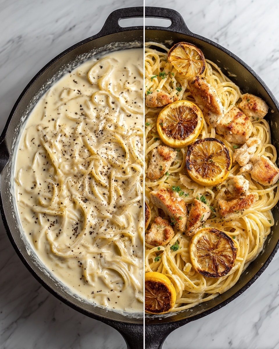 The image shows two views of a creamy pasta dish in a black cast iron pan on a white marbled surface. The left side shows a thick light cream sauce with a few black pepper specks on top, evenly spread inside the pan. The right side shows the finished dish with several golden brown pieces of cooked chicken scattered on top of pasta coated in the creamy sauce. Thin, round slices of caramelized lemon are placed on the pasta and chicken, and small green herb bits are sprinkled across the dish, adding color contrast. The textures include smooth sauce, tender pasta, crispy chicken skin, and juicy lemon slices. photo taken with an iphone --ar 4:5 --v 7