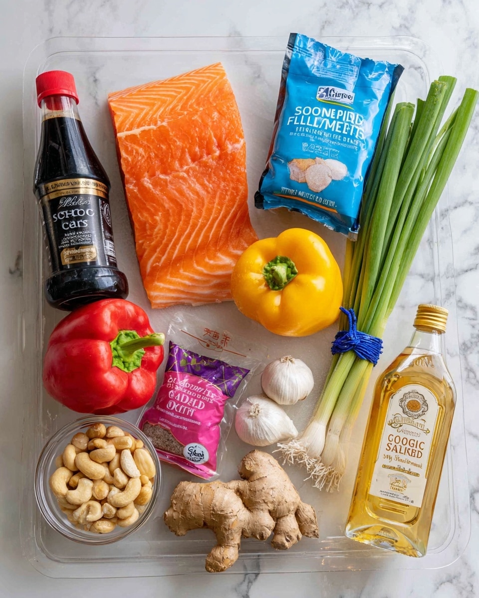 A clear plastic tray holds an assortment of cooking ingredients arranged neatly on a white marbled surface. In the top right corner is a bright orange salmon fillet with visible texture. Next to it is a blue package labeled