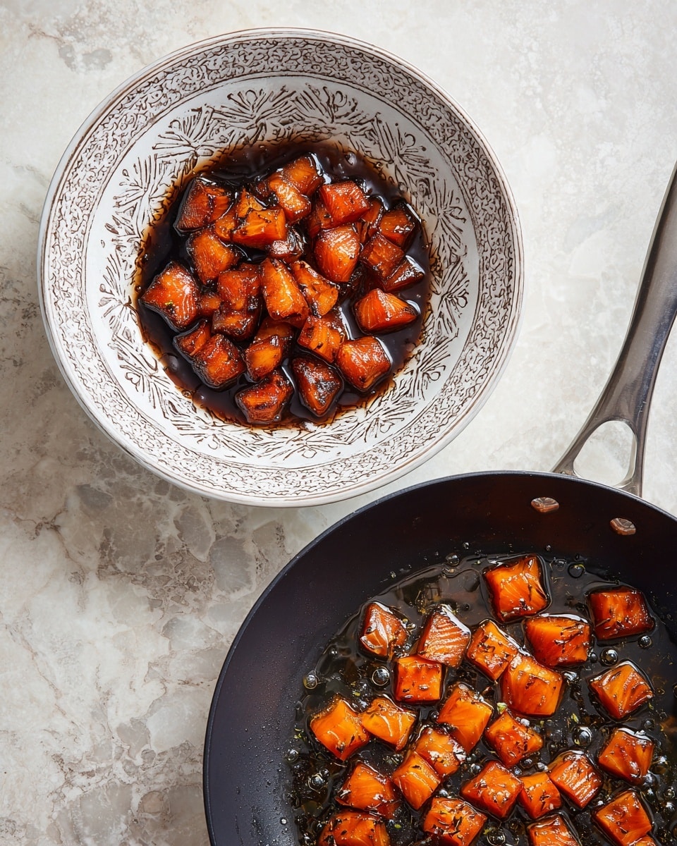 The first image shows a white bowl with intricate patterns filled with several small, shiny, orange-red pieces of cooked fish soaked in a dark, thick sauce, with the pieces arranged closely together covering the bottom of the bowl. The second image shows a black frying pan with a gray handle containing small, evenly cut bright orange-red pieces of cooked fish spread out with some oil glistening around them. Both images have a white marbled texture surface beneath the bowl and pan. photo taken with an iphone --ar 4:5 --v 7
