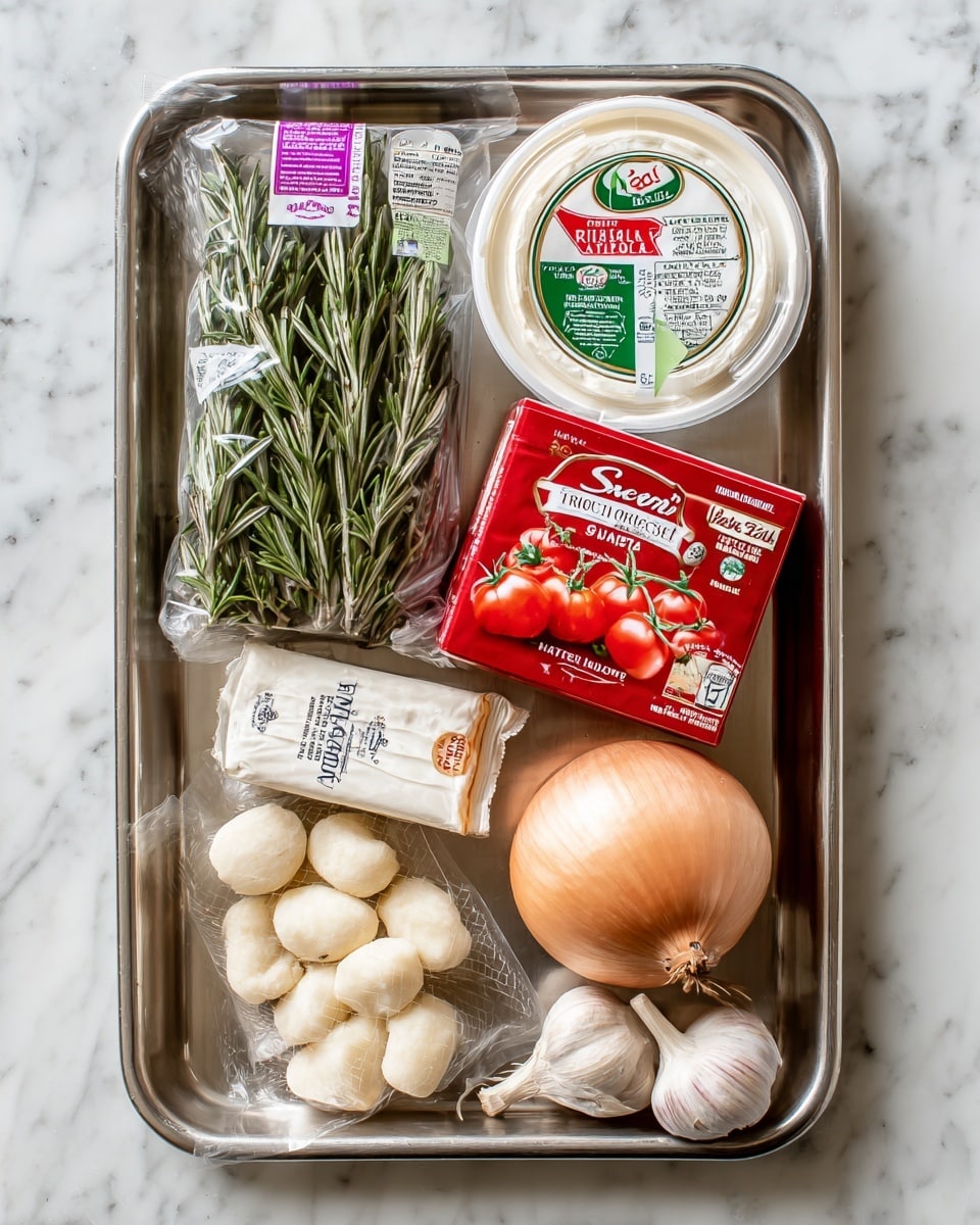 The image shows a metal tray with several cooking ingredients arranged neatly on it. There is a pack of fresh rosemary herbs in a clear plastic bag with a purple label on the top left, next to a round white container of Italian ricotta cheese with green and red labels in the upper center. Near the ricotta, there's a small red box of sweet harvest passata tomato sauce with images of tomatoes on it. Below the ricotta and passata, there's a large onion with light brown skin positioned in the center. To the left of the onion, a white packet of Italian mozzarella cheese is placed diagonally. Below that, there is a small garlic bulb. At the bottom center, a partially transparent package of Italian gnocchi shows the small, round, pale dumplings inside with a green and white label. The tray is set on a white marbled surface. photo taken with an iphone --ar 4:5 --v 7