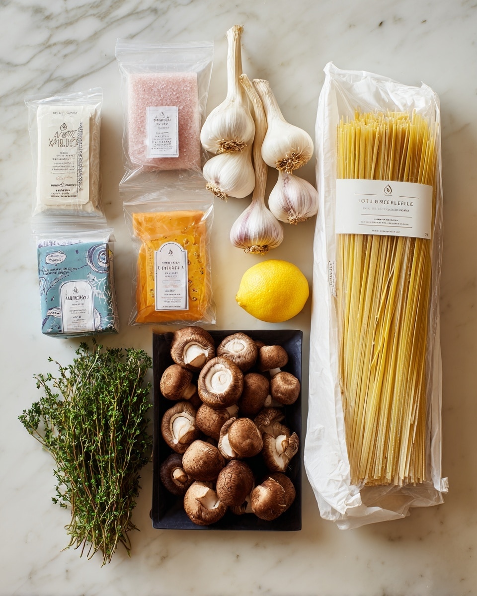 The image shows various cooking ingredients arranged neatly on a white marbled surface. There is a large white bag of Tagliatelle pasta standing vertically on the right side with a clear window showing the pale yellow noodles inside. Next to it, in front, is a black tray holding brown chestnut mushrooms. To the left of the pasta bag, there are packages of fresh British single cream, a lemon, and a bottle of pink Himalayan salt mill. Above these, there is a clear bag of British shallots and two small orange packets containing fresh thyme and flat leaf parsley. Near the top center, a bundle of garlic heads is placed vertically. Everything is cleanly arranged with visible labels and a bright, natural light highlighting the textures. photo taken with an iphone --ar 4:5 --v 7