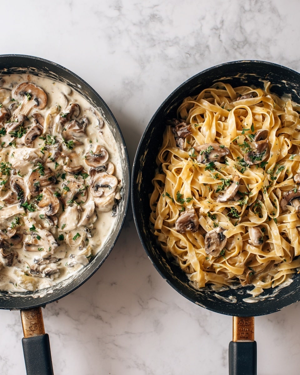 The image shows two black pans on a white marbled surface. The left pan contains a creamy white sauce with visible light brown mushroom slices, mixed in a thick sauce and sprinkled with small green herbs on top. The right pan displays a similar creamy sauce but now mixed with wide, light beige pasta noodles arranged loosely, with mushrooms and herbs spread evenly throughout the pasta. Both pans have creamy splatters around the edges, showing a rich, smooth texture. Photo taken with an iphone --ar 4:5 --v 7