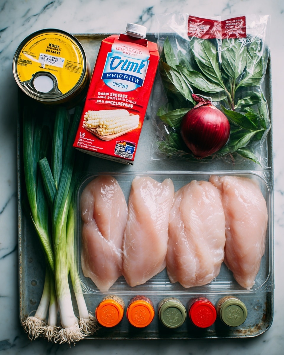 The image shows raw chicken fillets placed in a clear plastic tray with a yellow label, sitting on a metal tray with a slightly worn finish. To the top left of the chicken is a can of yellow sweetcorn with a white label, and next to it is a red carton of fresh cream with white and blue details. To the right of the cream is a whole red onion, followed by a bunch of green spring onions with white bulbs tied loosely together. Above the spring onions is a clear plastic bag filled with dark green basil leaves with a reddish label. To the far right are several small red pointed peppers in clear packaging labeled