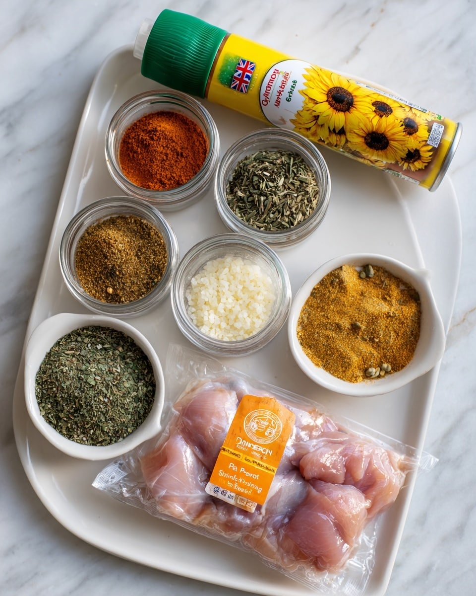 The image shows a white tray with six spice jars and a can of cooking spray lined up at the top. From left to right, the jars contain smoked paprika with a reddish-orange powder, ground coriander with a light brown powder, dried oregano with green and gray flakes, garlic granules in off-white small coarse pieces, and dried basil with dark green flakes. The yellow cooking spray can has a green nozzle and sunflowers on the label. Below the spices, there is a clear plastic pack holding raw pink chicken thigh fillets. The pack has an orange label with the British flag and text indicating chicken thigh fillets, large pack. The setting is on a white marbled surface. Photo taken with an iphone --ar 4:5 --v 7