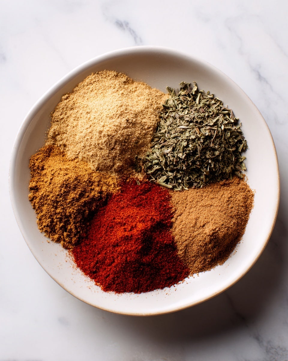 In a white bowl with a smooth texture, four piles of ground spices are arranged close together, forming a circle. The top pile is a light tan color with a fine, grainy texture. To the right, there is a heap of dark greenish-brown dried herb flakes with a rough, leafy look. Below that, a vibrant red powder with a soft, powdery texture creates a strong color contrast. To the left, a pile of medium brown fine powder completes the circle. The spices are neatly separated but touching slightly at the edges, on a surface with a white marbled texture. photo taken with an iphone --ar 4:5 --v 7