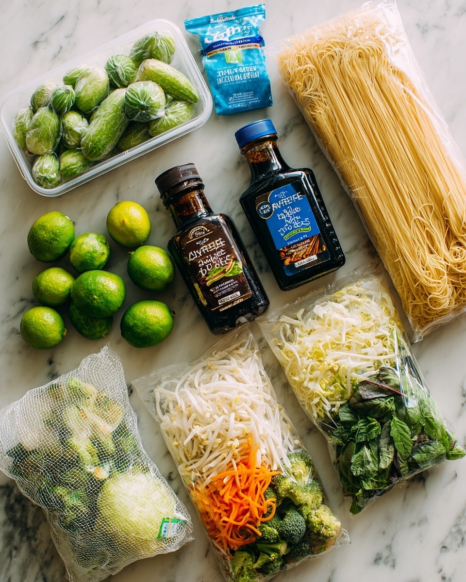 The image shows a variety of fresh and packaged stir fry ingredients laid out on a white marbled surface. There are two dark brown bottles of soy sauce, one light and one dark, standing upright near the center. To the left, a clear plastic container holds small green baby cucumbers, with a bright green label. Below it, a mesh bag contains three green limes. To the right of the soy sauces, two bags of fresh vegetables are visible: one is a mixed vegetable stir fry with shredded white cabbage, orange carrot strips, and green broccoli, while the other bag is labeled fresh mint with visible dark green mint leaves inside. Above the cucumbers and limes, a clear plastic pack contains thin medium egg noodles in pale yellow, and a blue packet of oyster and spring onion stir-fry sauce sits just above the cucumbers. A packet of fresh ginger root and mixed chillies is in the top left corner. The background is a soft white marble, enhancing the colors and textures of the ingredients. photo taken with an iphone --ar 4:5 --v 7