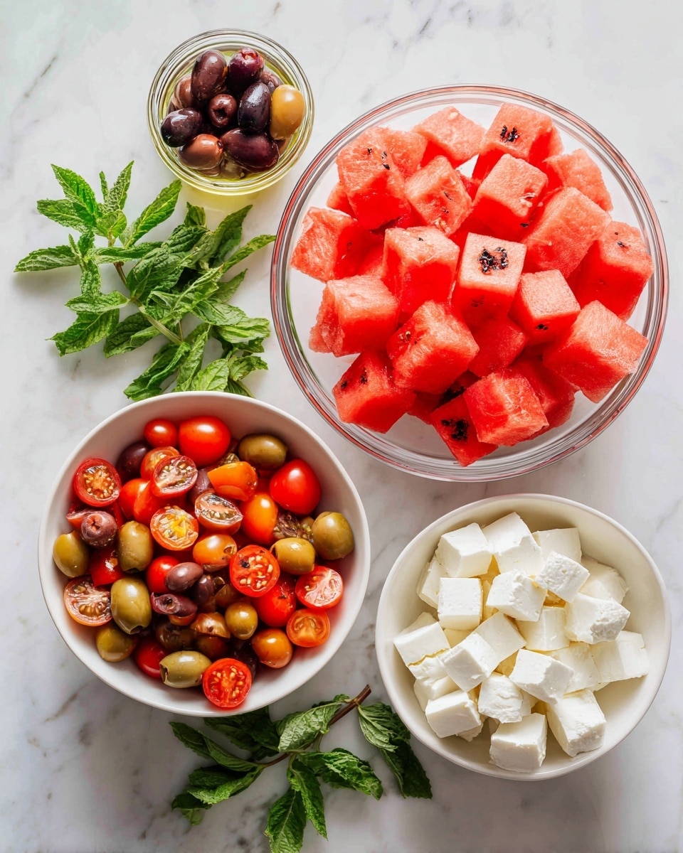 The image shows several bowls on a white marbled surface with fresh ingredients neatly arranged. In the largest clear bowl at the top right, there are bright red cubes of watermelon with some black seeds. Below and to the left is a white bowl filled with small, mixed red and orange cherry tomatoes, some cut in halves showing their juicy inside texture. At the bottom right, another white bowl contains white cubes of cheese. Near the bowls, there are sprigs of fresh green herbs, including basil and mint. At the top left, a small glass jar holds dark purple and light brown olives. The colors are vibrant and fresh, with red, green, white, and purple elements clearly visible in a clean and fresh scene photo taken with an iphone --ar 4:5 --v 7