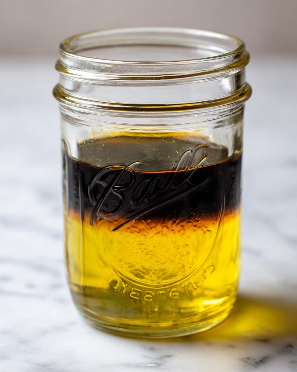 A clear glass jar with embossed patterns is shown against a soft, blurred background. Inside the jar, there are two visible liquid layers: the bottom layer is a very dark brown, almost black liquid, and the top layer is a transparent golden-yellow liquid. The liquids are distinctly separated, creating a clear line between the dark layer at the bottom and the yellow layer above. The jar is placed on a white marbled surface, which adds subtle texture without taking attention away from the jar and liquids inside. photo taken with an iphone --ar 4:5 --v 7