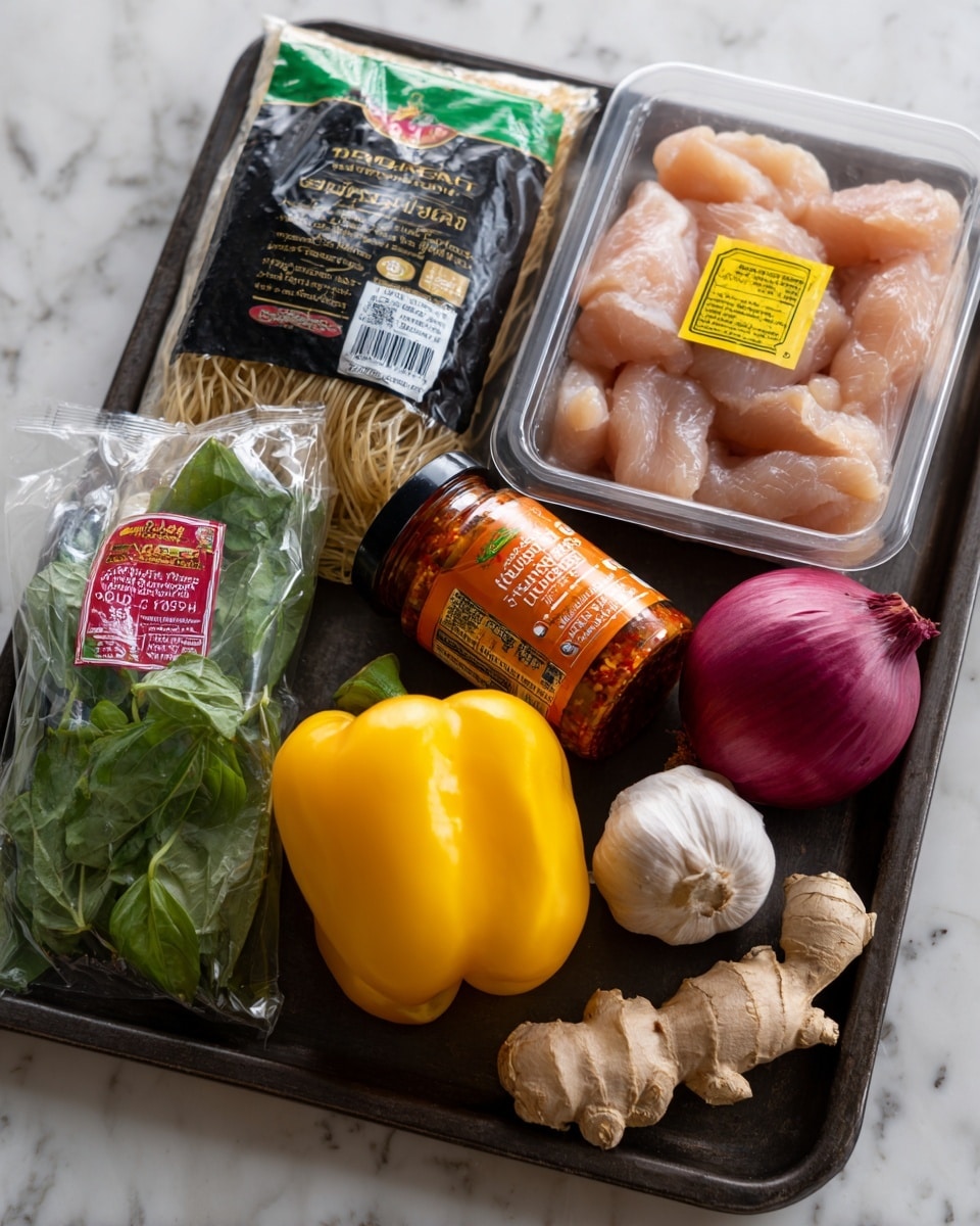 The image shows a tray with several cooking ingredients arranged neatly. On the top left, there is a black and green packet of rice vermicelli noodles. To the right of it, a clear plastic container holds several pieces of raw chicken fillets with a yellow label on top. Below the chicken, there is a bright yellow bell pepper and some fresh ginger root. A jar of Thai red curry paste is placed near the center, with an orange-red label. On the bottom left, there is a clear bag of fresh green basil leaves with a reddish label. A whole red onion and two garlic cloves are near the bottom right corner. The tray rests on a white marbled surface photo taken with an iphone --ar 4:5 --v 7