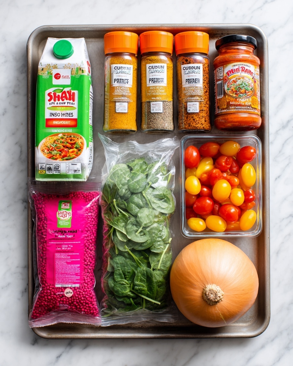 The image shows a baking tray on a white marbled surface filled with various ingredients: on the top left, a green and white vegetable stock carton; next to it, four orange-capped spice jars with labels for crushed chili, curry powder, cumin, and turmeric lined up in a row. To the right of the spices, there is a jar of Thai red curry paste, and beside that, a whole butternut squash. Below the spices and squash, a large bag of fresh baby spinach with clear packaging is centered on the tray. On the bottom left, a pink packet of red lentils is placed vertically, and on the bottom right, a clear plastic container holds mixed baby plum tomatoes in red, yellow, and orange colors. Photo taken with an iphone --ar 4:5 --v 7