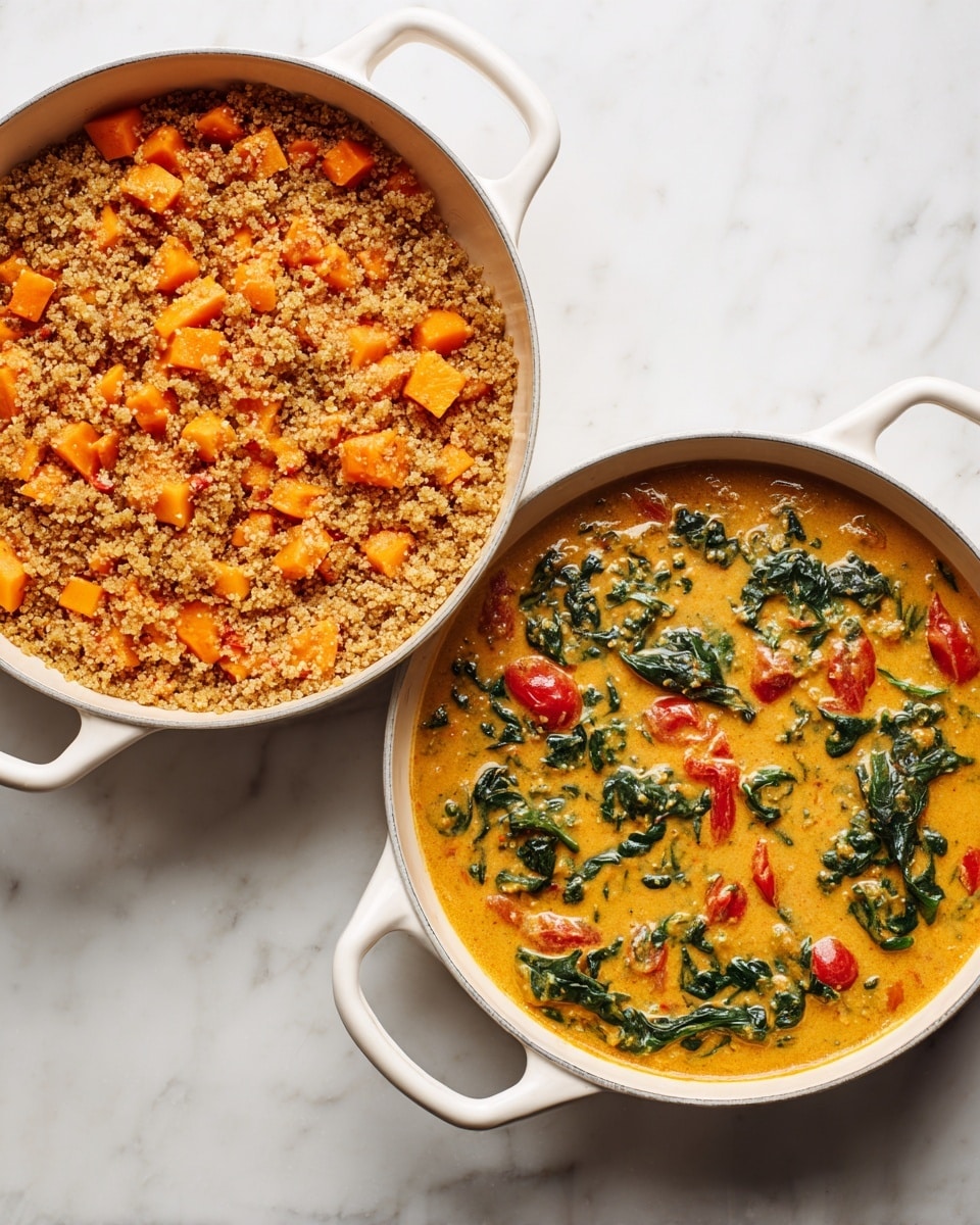 The image shows two white pans side by side on a white marbled surface. The left pan contains a mix of small cubed orange vegetables and crumbly brown pieces spread across the bottom with a slightly oily texture. The right pan has a thick orange stew with visible green leafy spinach and small red cherry tomatoes mixed evenly throughout with a creamy texture. Both pans have white handles and are well-lit, showing the vibrant colors and textures clearly. Photo taken with an iphone --ar 4:5 --v 7