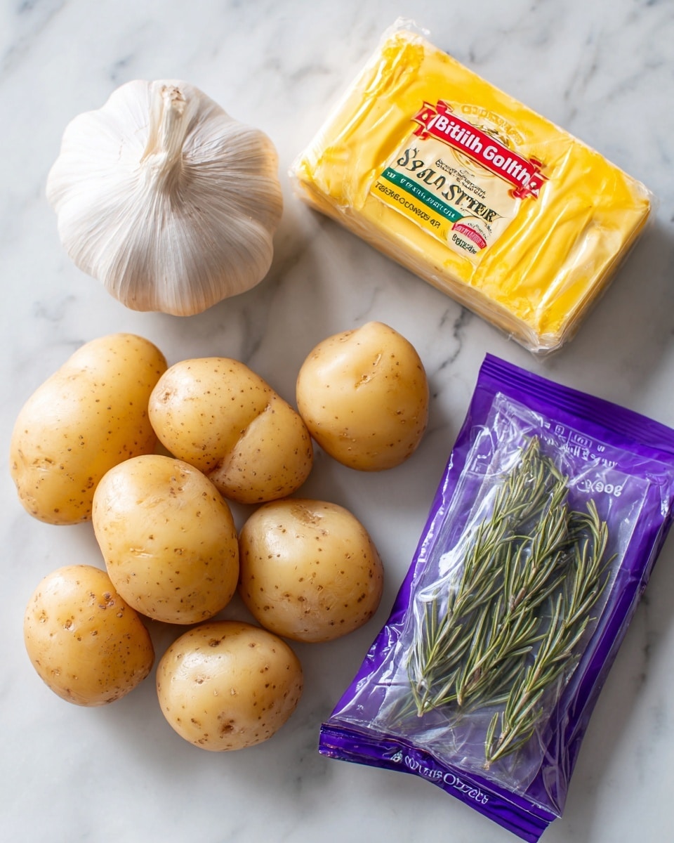 The image shows four items placed on a white marbled surface: a whole garlic bulb with a light beige color and papery texture, a golden-yellow wrapped block of British salted butter with red and green labeling, a clear plastic bag filled with small round light tan miniature potatoes with some dirt spots, and a purple packet of fresh rosemary sprigs visible through the transparent front. photo taken with an iphone --ar 4:5 --v 7