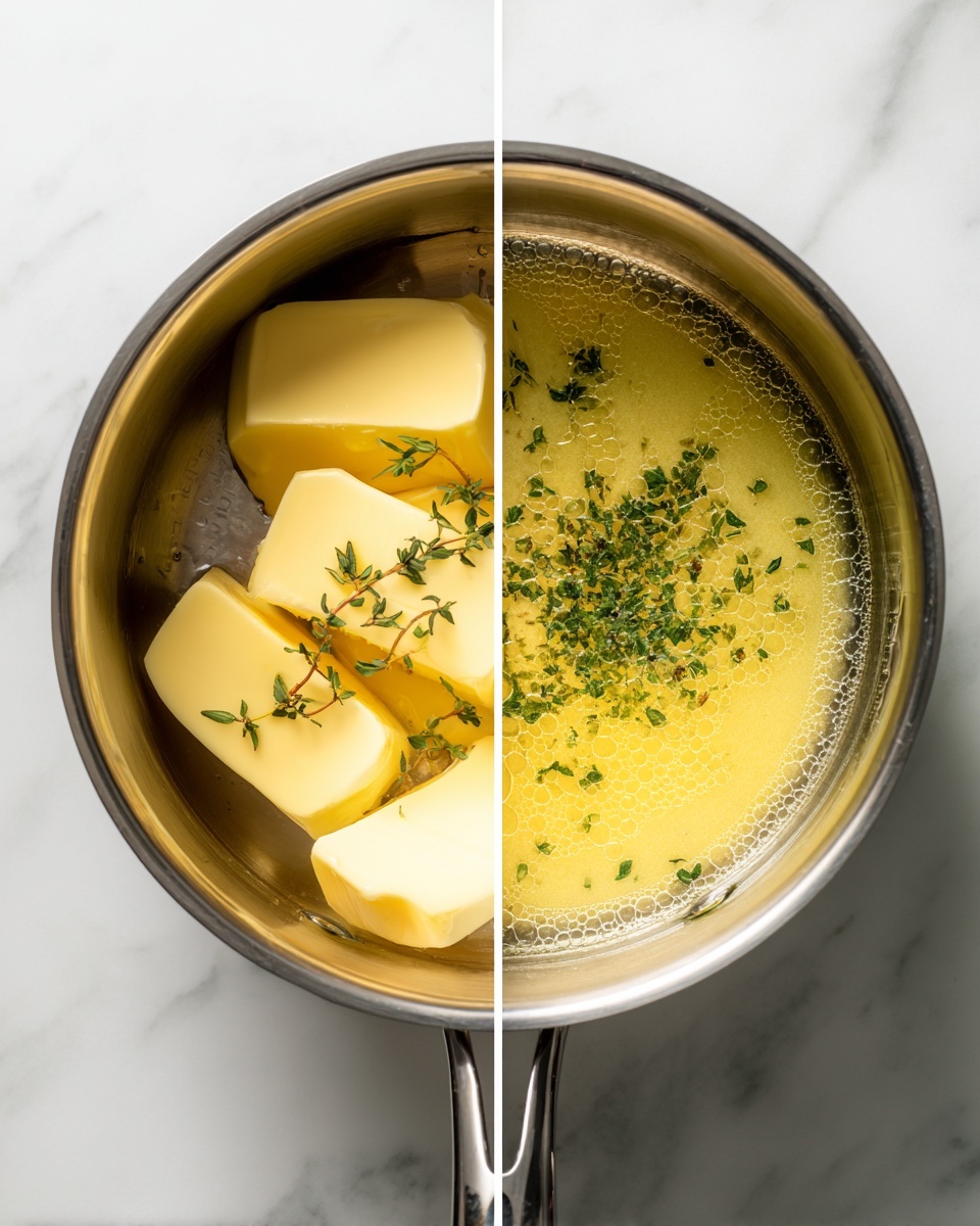 The image shows two side-by-side photos of a metal pot on a white marbled surface. On the left side, inside the pot, there are pale yellow slices of butter with small green herb leaves sprinkled on top, resting at the bottom of the pot. On the right side, the butter has melted into a light golden-yellow liquid with tiny bubbles and the green herbs floating on the surface. The pot’s shiny metal texture is visible inside both photos. photo taken with an iphone --ar 4:5 --v 7