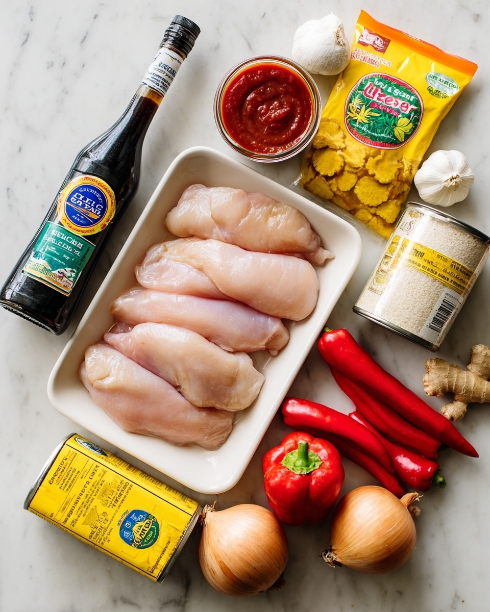 The image shows a white tray filled with raw, pale pink chicken fillets on the left side, with a yellow box of cornflour placed in front near the bottom. Next to the tray, there is a bottle of dark soy sauce with a blue label, a small peeled garlic bulb, a piece of fresh ginger, and an orange-colored ginger powder packet. On the right side of the tray, there is a jar of red tomato ketchup at the top, a yellow bag of sweet peppers, and two red peppers in a white-filled bag beneath. Below the peppers are a metal can of pineapple slices with a green and yellow label, a brown onion, and a clear glass bottle of light golden cider vinegar on the right edge. All items rest on a white marbled surface. photo taken with an iphone --ar 4:5 --v 7