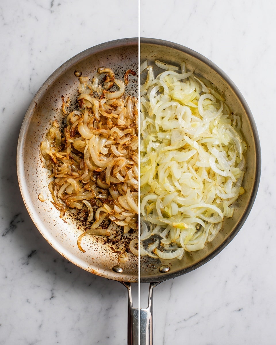 The image shows two metal pans side by side on a white marbled surface. The left pan is empty but has golden brown bits stuck to its surface from cooking. The right pan contains sliced onions in two color layers, with the left half browned and caramelized, and the right half still light yellow and partially cooked. The onions are spread evenly across the pan. The shiny metal handle of each pan extends out to the right. photo taken with an iphone --ar 4:5 --v 7