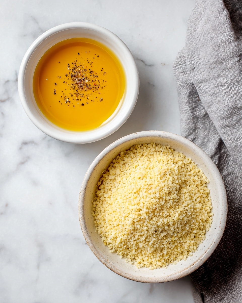 The image shows two white bowls placed on a white marbled surface. The bowl on the left has a smooth texture and is filled with orange oil, lightly sprinkled with black pepper on top. The bowl on the right has a slightly uneven rim and holds a heap of pale yellow couscous with a grainy texture. There is also a gray cloth partially visible next to the right bowl. Photo taken with an iphone --ar 4:5 --v 7