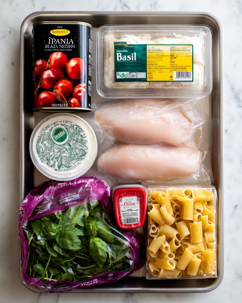 A metal tray on a white marbled surface holds packed ingredients arranged neatly. From the top left, there is a black tin can with red cherry tomatoes printed on the label, a transparent plastic pack of white Grana Padano cheese with a green label, and a transparent pack showing two pale pink raw chicken fillets with a yellow label. Below the tin can and cheese, there is a round white container of mascarpone cheese with green designs on the label and a small red pack labeled
