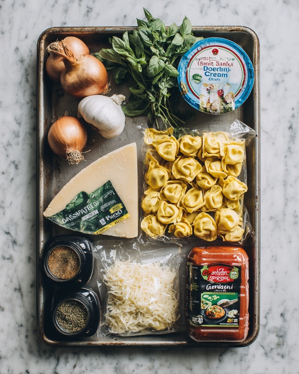 A metal baking tray sits on a white marbled surface, filled with an arrangement of cooking ingredients. In the top left corner are two light brown shallots, a bulb of garlic, and a small bunch of fresh thyme displaying dark green leaves. To the right, a round pack of fresh British double cream with a blue and red lid sits above a rectangular package of spinach and ricotta tortelloni, showing yellow pasta filled rounded shapes. Below, a wedge of Grana Padano cheese with a green and white label lies next to a clear plastic bag of shredded mozzarella cheese with a green label. On the bottom left, two small jars, one with Italian herbs in a black lid and the other with ground cinnamon in an orange lid, sit side by side next to a red and black carton of tomato passata. The tray and ingredients are neatly arranged, emphasizing a mix of fresh and packaged items. Photo taken with an iphone --ar 4:5 --v 7