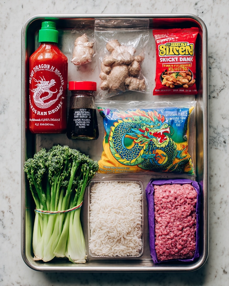 The image shows a metal tray on a white marbled surface filled with cooking ingredients arranged neatly in two rows. At the top row from left to right, there is a red bottle of Thai Dragon Sriracha Hot Chilli Sauce with a green cap, a smaller dark bottle of soy sauce with a red cap, a clear bag with fresh ginger root inside, a colorful blue and yellow packet of Blue Dragon Sticky Teriyaki stir-fry sauce, and a red packet of Snackrite Honey Roasted Peanuts. The bottom row starts on the left with a bunch of green spring onions tied with a rubber band, a clear bag of Tenderstem broccoli in the center, a single partially peeled garlic bulb to the far right, and at the bottom, a package of pink turkey mince on the left and a purple and white bag of basmati rice on the right. Photo taken with an iphone --ar 4:5 --v 7