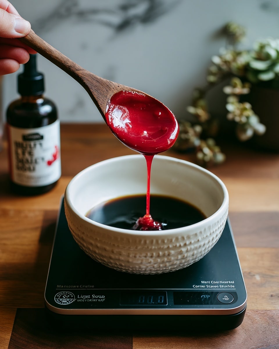 A white bowl with a textured design on the outside sits on a black digital scale with silver edges; inside the bowl there is a dark, thick liquid layer at the bottom. A woman's hand is pouring a vibrant red, glossy sauce from a wooden spoon into the bowl, the red liquid forming a thick stream above the dark layer. Behind the bowl, there are blurred objects including a bottle labeled