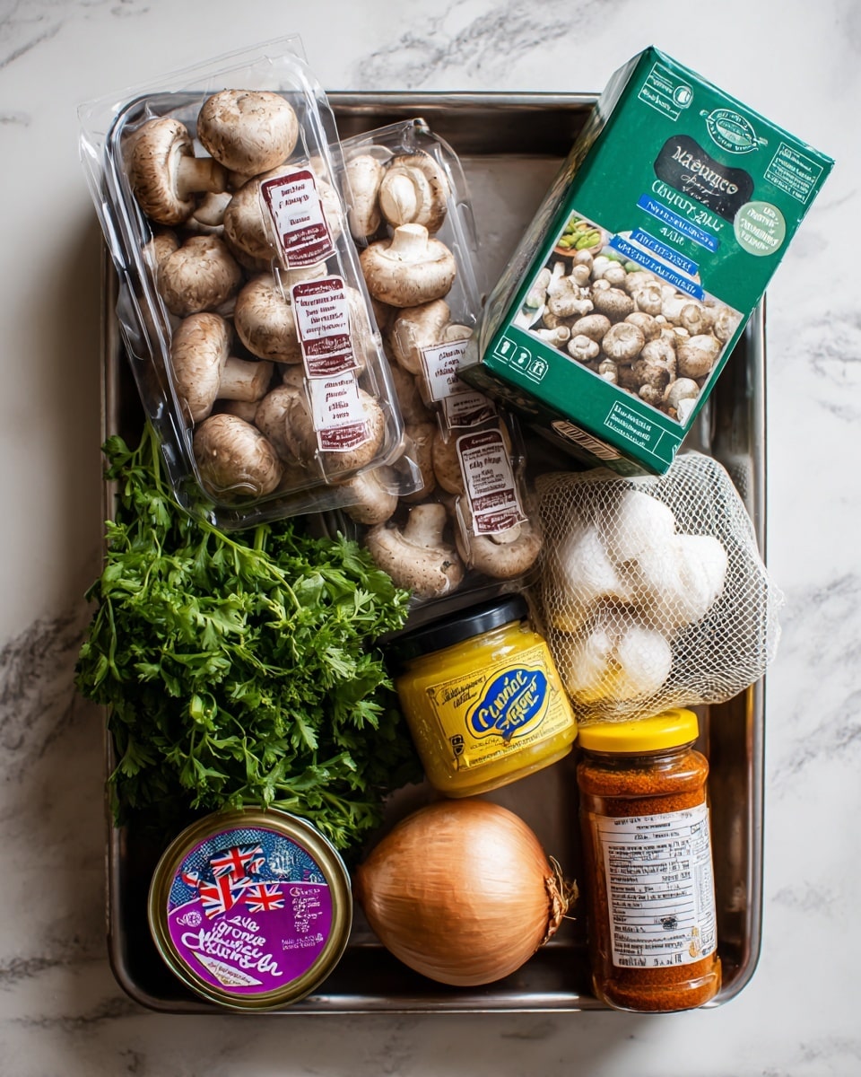 The image shows a metal tray with two packs of chestnut mushrooms at the top, each pack containing several light brown mushrooms in clear plastic with red and brown labels. Below the mushrooms, on the left, there is a green bag of flat leaf parsley filled with fresh dark green leaves. Next to it, a green box of vegetable stock cubes shows white and green text and images. Beside the box is a jar of bright yellow English mustard with a black lid and blue and white label. Below the mustard jar, there is a small orange jar of paprika with a black label. A purple tub of fresh British soured cream with a Union Jack design is near the bottom left. On the right side, a round yellow onion with brown papery skin is placed next to a white mesh bag of garlic. The whole tray sits on a white marbled surface. photo taken with an iphone --ar 4:5 --v 7