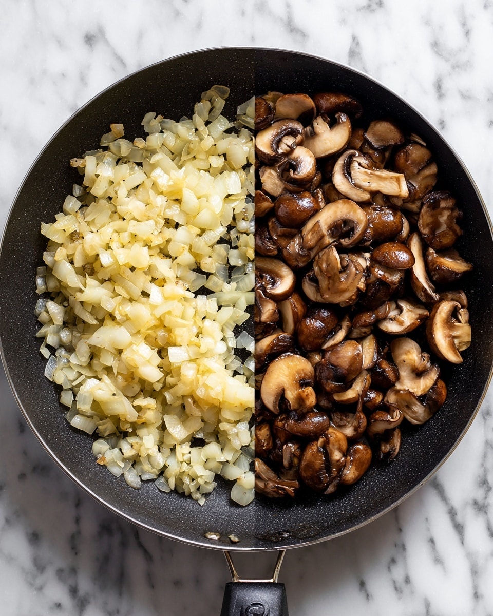 The image shows two black pans on a white marbled surface side by side. The left pan contains small, translucent pieces of cooked onion spread out evenly, showing a light golden color and soft texture. The right pan is filled with a layer of sliced brown mushrooms with a slightly glossy look, mixed with small bits of cooked onion underneath, giving a mix of warm brown and pale white colors. photo taken with an iphone --ar 4:5 --v 7