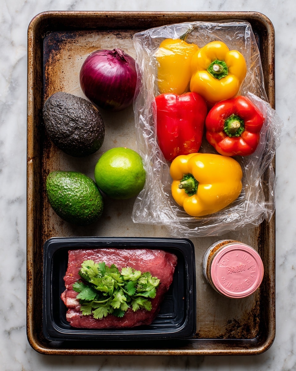 A baking tray holds fresh ingredients arranged neatly on a white marbled surface. At the top right, there is a clear plastic bag filled with mixed peppers in yellow, red, and light green colors. To the left of the bag, there is a whole dark red onion, a ripe green avocado, and a bright green lime. Below the peppers and vegetables, a sealed black plastic tray contains a piece of raw sirloin steak with a small bunch of fresh green cilantro placed on top. To the right of the steak, there is a small clear jar of Cajun seasoning with a pink lid. The tray has a rustic, well-used look with a dark brown color and spots of wear. photo taken with an iphone --ar 4:5 --v 7