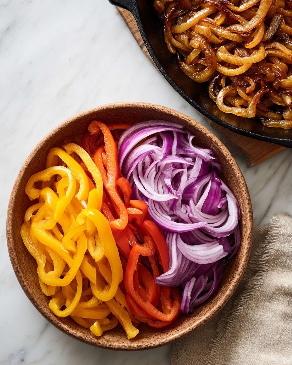 The image is split into two parts: on the left, a round bowl with a rough brown texture holds three layers of sliced vegetables arranged neatly — the bottom layer is yellow bell peppers with long, thin strips, the middle layer is red bell peppers with similar thin strips, and the top layer is light purple red onion rings. The bowl is placed on a white marbled surface. On the right side, a black cast iron pan with caramel brown cooked onion slices, slightly curled and glossy with oil, sits on the same white marbled surface with a light beige cloth underneath. Photo taken with an iphone --ar 4:5 --v 7