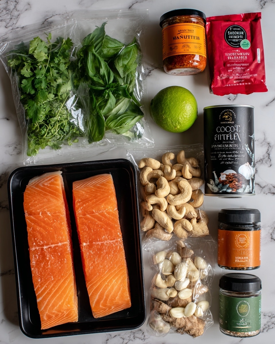 The image shows fresh ingredients arranged neatly on a white marbled surface. At the bottom left, there are two bright orange salmon fillets in a black tray. Above them, there are two plastic packs of green herbs labeled coriander and basil, with fresh green leaves visible inside. To the right of the herbs, there is a whole lime, a jar of red curry paste with an orange label, and a can of coconut milk featuring a black and white coconut image. Next, there is a clear bag of light-colored cashew nuts and a small pile of fresh garlic cloves, ginger, and turmeric root. Below these, a bottle of dark soy sauce, a green spice container labeled garlic powder, and a taller orange container of medium curry powder stand side by side. At the top right, there is a red and cream colored packet of demerara sugar. Everything is placed neatly and brightly lit. Photo taken with an iphone --ar 4:5 --v 7