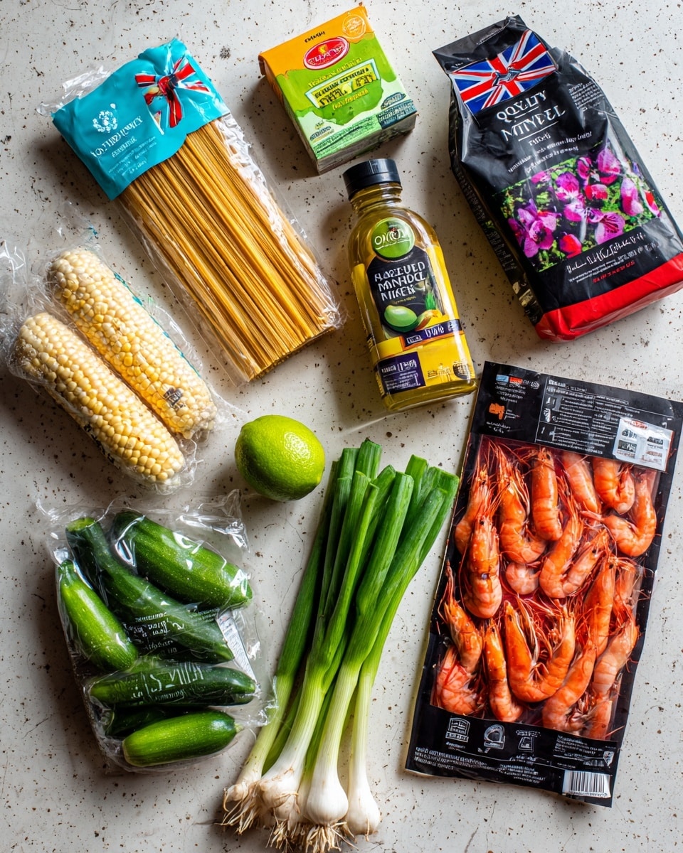 The image shows a variety of fresh ingredients neatly arranged on a white marbled surface, including a pack of medium egg noodles in blue packaging at the top left and a red curry kit in black and red packaging to the right. Below the noodles is a pack of British sweetcorn with a colorful British flag design, beside a bottle of honey with a yellow label and a black cap. In the center is a green lime, with a yellow Quixo vegetable stock carton behind it. To the left is a pack of British courgettes in clear packaging with green courgettes visible inside. On the lower right side is a large black pack of raw Argentine red shrimp showing a detailed shrimp image. Finally, green spring onions and a small basil herb bunch in transparent packaging are placed on the right edge. The photo was taken with an iphone --ar 4:5 --v 7