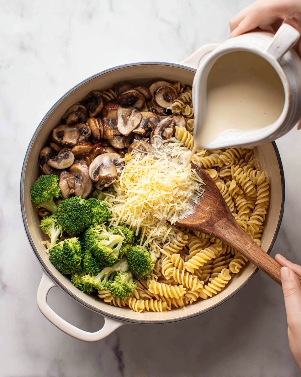 In a white pot on a white marbled surface, the first layer shows browned sliced mushrooms being stirred with a wooden spoon held by a woman's hand. In the second layer, cooked spiral pasta joined by sliced mushrooms and a pat of butter sits in the pot while cream is poured in from a white pitcher held by a woman's hand. The third layer adds fresh green broccoli florets on top of the creamy pasta and mushrooms as a woman's hand stirs them gently. In the fourth layer, shredded cheese is sprinkled over the broccoli, pasta, and mushrooms, with the wooden spoon mixing everything together. Photo taken with an iphone --ar 4:5 --v 7