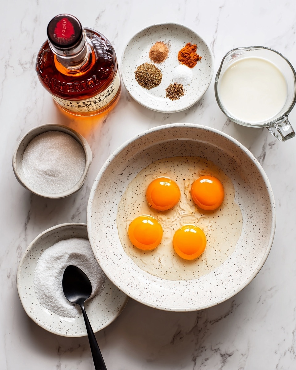 The image shows a white speckled bowl in the center filled with five bright orange egg yolks with some egg white around them. To the left of the bowl is a bottle of amber-brown bourbon whiskey with a red label. Below the bowl is a smaller white speckled bowl filled with white granulated sugar and a black spoon resting inside. To the right of the sugar bowl is a clear glass measuring cup filled with white milk. Above the main bowl is a small white plate holding three small piles of spices in brown and white colors and a small amount of liquid on the side. The background is a white marbled surface. Photo taken with an iphone --ar 4:5 --v 7